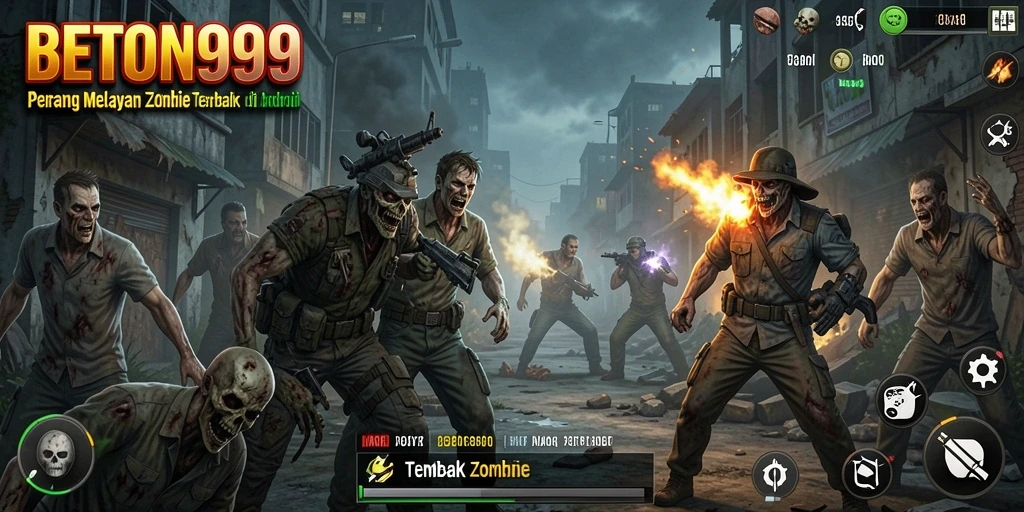 Screenshot menampilkan aksi menembak zombie dalam BETON999.