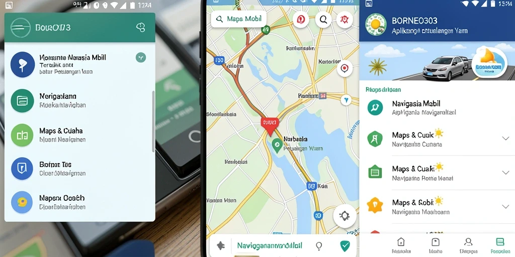 Tampilan antarmuka aplikasi BORNEO303 untuk navigasi mobil.